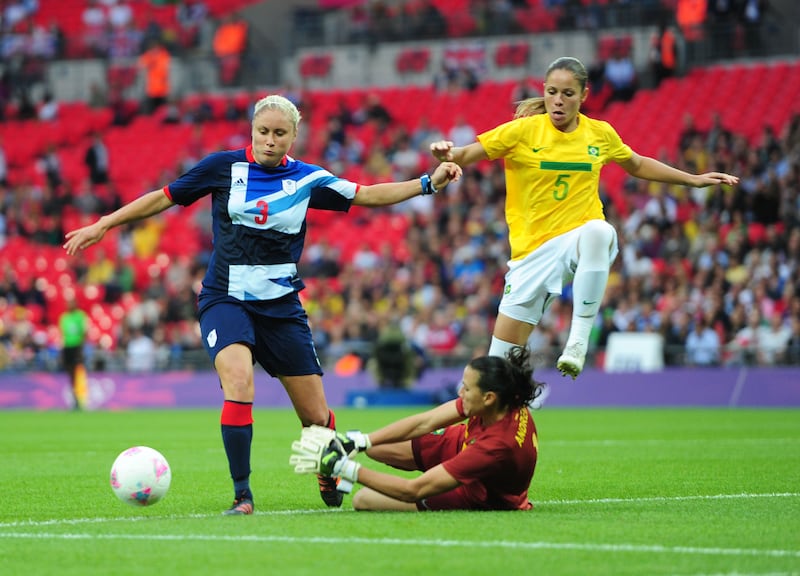 Team GB's Steph Houghton scores against Brazil at the 2012 London Olympics