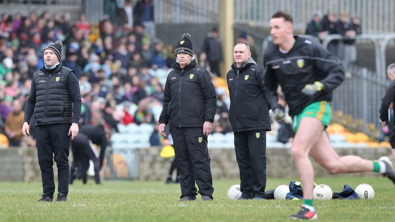 Paddy Bradley (left) and Aidan O'Rourke (right) will take charge of Donegal for their final Allianz Football League Division One match following the departure of manager Paddy Carr   Picture: Margaret McLaughlin
