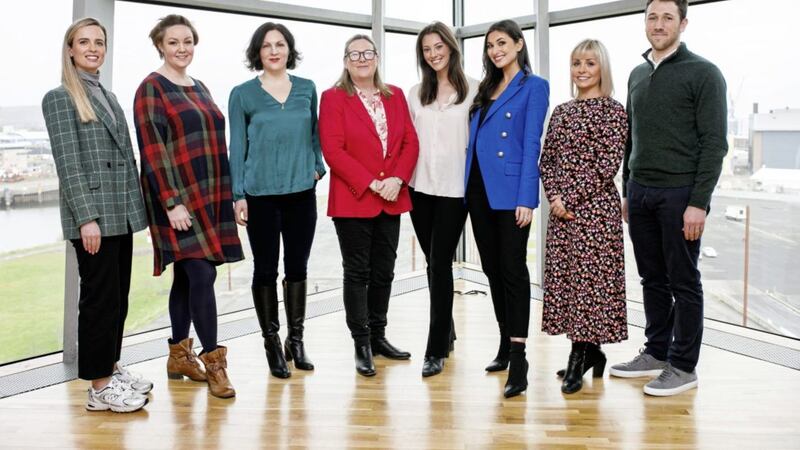 Female innovation was recognised at 2022 Women in Tech Conference. From left - Fiona Gildea (ComplyFirst), Audrey Osborne (Techstart Ventures), Lucy Baxter (Sensalience), Roseann Kelly (Women in Business), Francesca Morelli and Chloe Henning (both VaVa Influence), Kathleen Garrett (Techstart Ventures) and Daniel Jelly (ComplyFirst) 