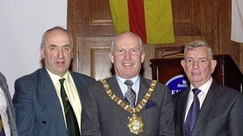 Former Ulster GAA secretary Danny Murphy (left), and former President John O&#39;Reilly (right) - both pictured with former Belfast Lord Mayor Jim Rodgers (centre) - may be commemorated at the re-built Casement Park stadium. 