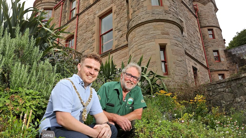 Lord Mayor of Belfast Ryan Murphy (left) pictured alongside chair of the Cave Hill Conservation Campaign Cormac Hamill at Belfast Castle (BCC/PA)