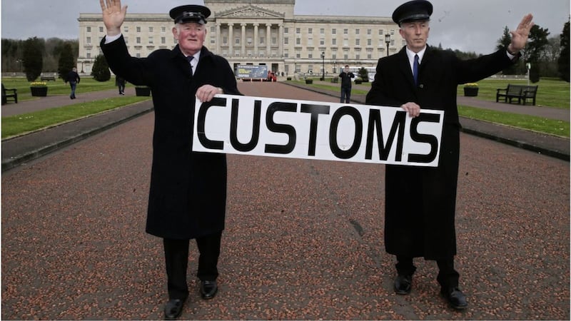 Anti-Brexit campaigners stage a &#39;customs post&#39; at Stormont. Picture by Hugh Russell 