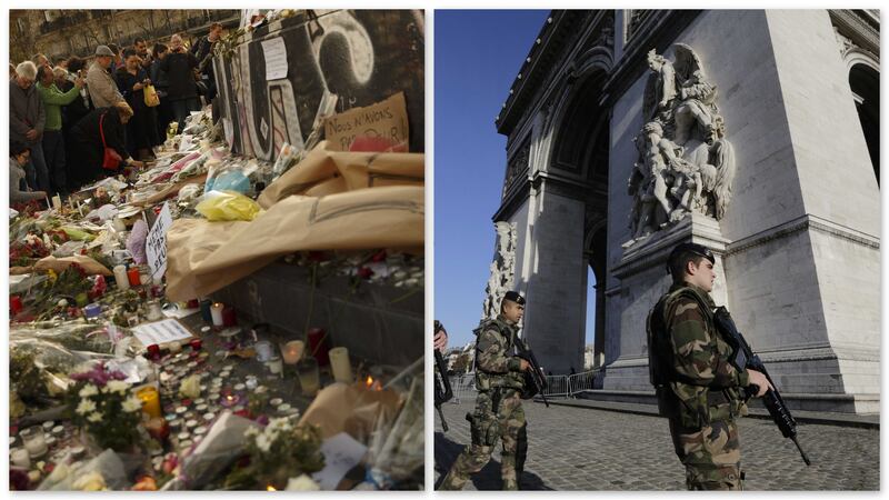 &nbsp;Prayers, candles and cards are placed at Republique Square in Paris. The military parades the Arc De Triomphe in the&nbsp;Champs Elysees