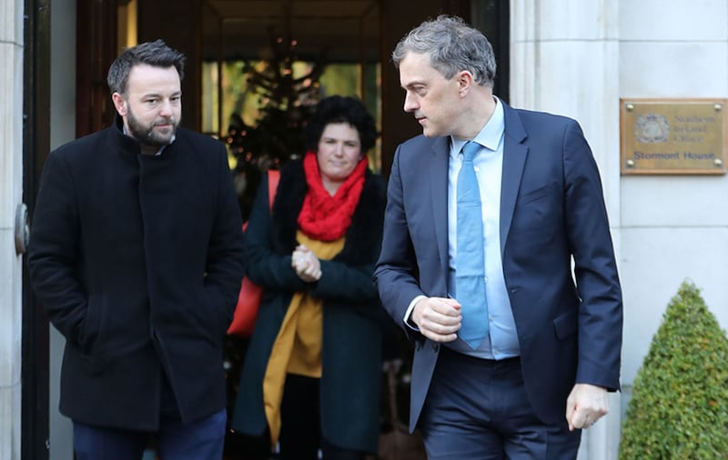 Colum Eastwood and Clare Hannah of the SDLP with Northern Ireland Secretary Julian Smith arriving for talks to restore the Northern Ireland Powersharing executive at Stormont House in Belfast. Picture by Niall Carson/PA Wire&nbsp;