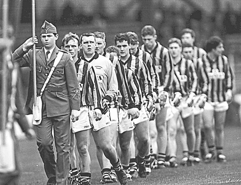 Captain Jim McConville leads Crossmaglen in the parade before the 1997 All-Ireland final against Knockmore. Picture by Ann McManus 