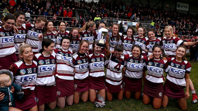 Slaughtneil camogs celebrate a fourth consecutive Ulster senior title.