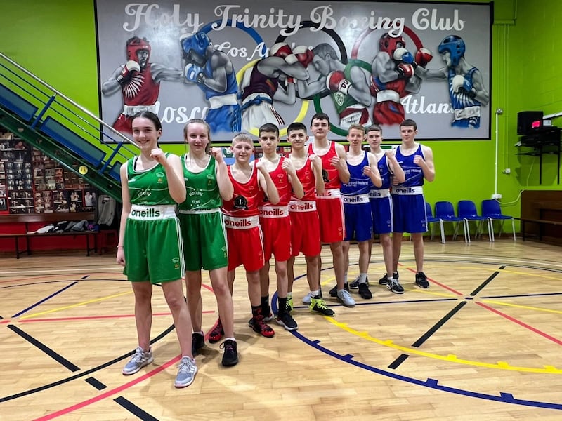 Holy Trinity&rsquo;s nine newly-crowned Co Antrim champions will be heading to the National Stadium at the weekend for the All-Ireland Championships, with the draw taking place today. Pictured, from left, are Aleesha Deronja, Summer Fleming, Mark Dawson, Logan Rice, Cormac Fegan, Conor Braniff, James Kelly, Cormac Curley and Jude Molyneaux