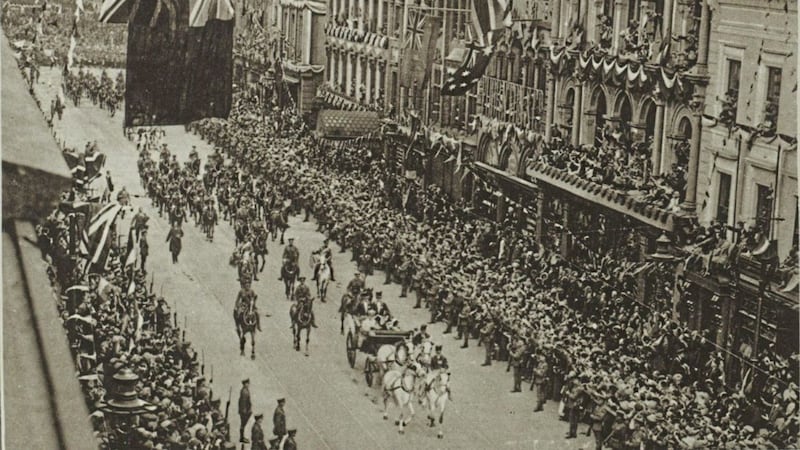 The king and queen parade through central Belfast after George V officially opened the Northern Ireland Parliament in June 1921. Picture from The London Illustrated News (edition of July 2 1921) 