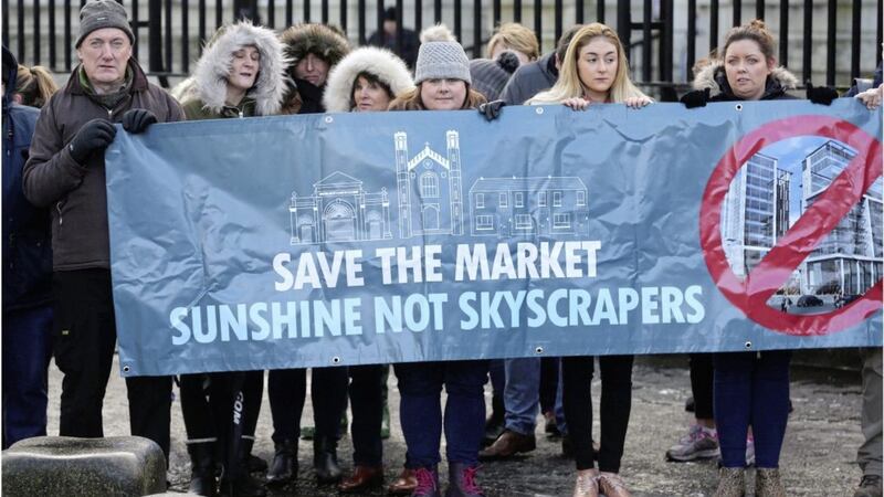 Save the Market protest outside the High Court in Belfast at an earlier hearing. Picture by Hugh Russell. 