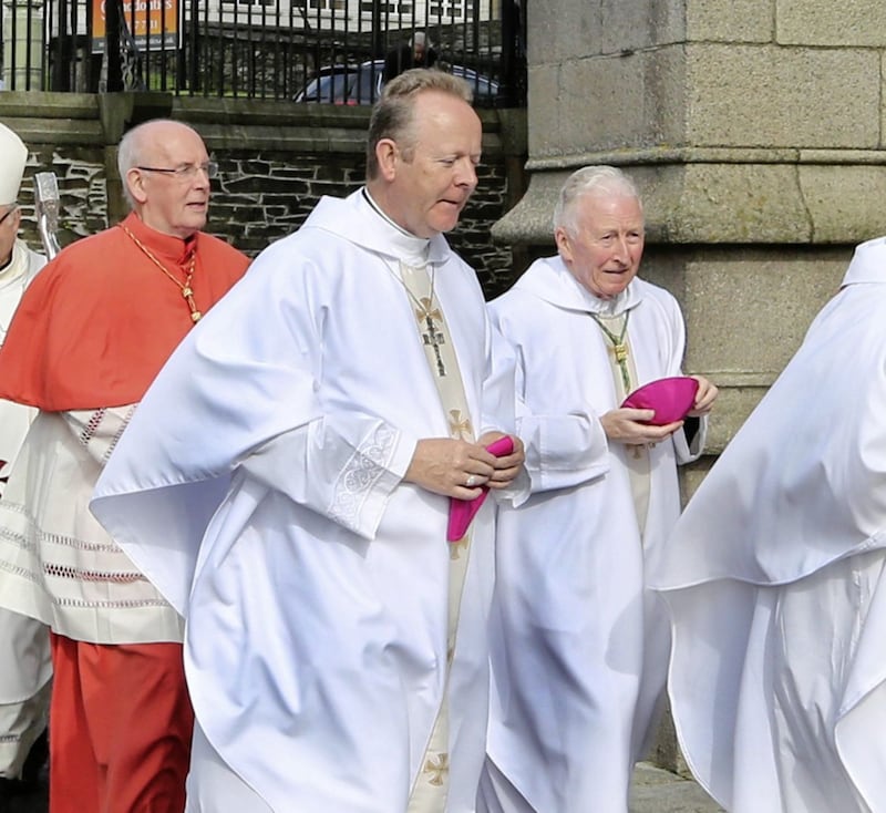 Archbishop Eamon Martin and Cardinal Sean Brady. The funeral of retired bishop of Derry Dr Seamus Hegarty at St Eugene&#39;s Cathedral in Derry on Monday. Picture Margaret McLaughlin 23-9-2019 