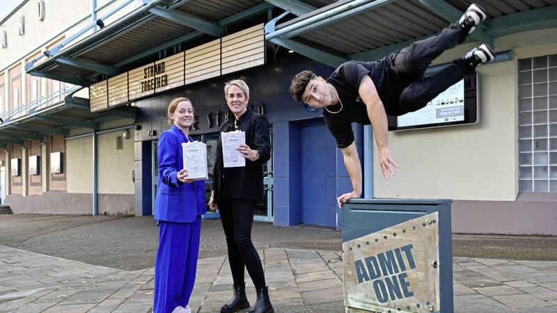 Strand Arts Centre chief executive Mimi Turtle (left) and its chair Kathryn Thomson are joined by Belfast parkour artist George McGowan as they announce plans for a &pound;6.5 million redevelopment project at the venue which is poised to begin early next year. Picture: Stephen Hamilton/Press Eye 