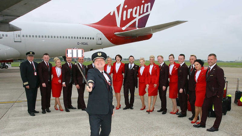 The Virgin Atlantic crew do a selfie on the apron to mark the inaugural service from Belfast International Airport last year 