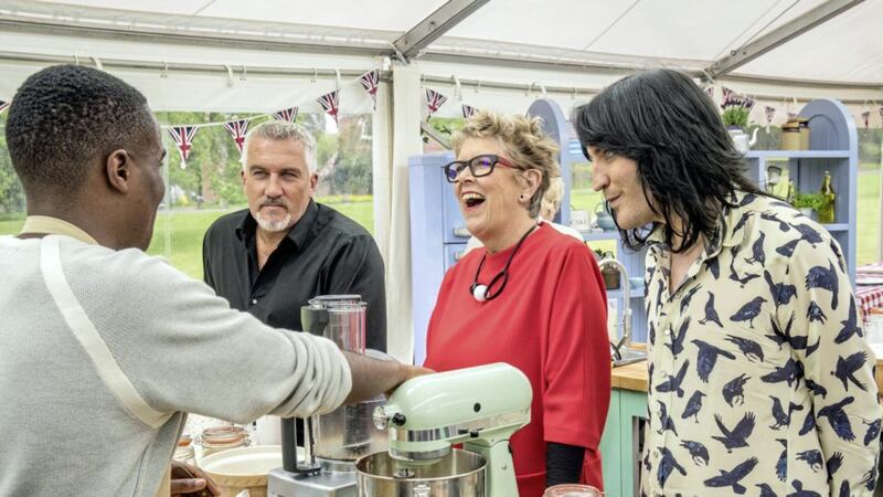 Noel Fielding, right, Paul Hollywood and Prue Leith with contestant Liam, left, during Channel 4&#39;s cookery contest The Great British Bake Off PICTURE: Mark Bourdillon/Channel 4 Television/PA 