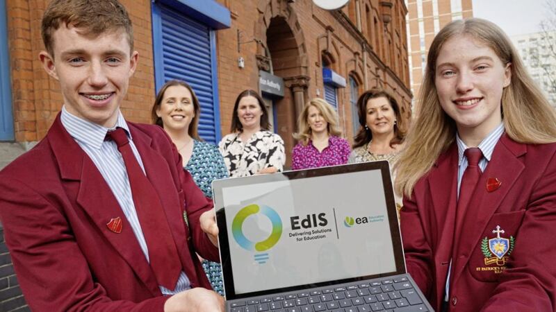 Patrick Nugent and Niamh Carvill with teacher Michelle Rafferty of St Patrick&rsquo;s High School, Keady, Sara Long, EA chief executive, Dr Fionnuala Moore, principal of St Patrick&rsquo;s High School and EA Director of Education, Michele Corkey 