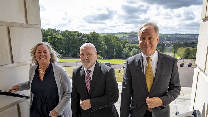 Northern Ireland Assembly Speaker Alex Maskey, centre, with president of the National Conference of State Legislators, Robin Vos and Senator Shannon O’Brien of Montana, during a visit by the American Irish State Legislator Caucus at Parliament Buildings in Stormont (Liam McBurney/PA)