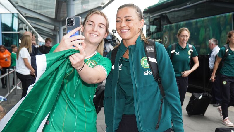 Katie McCabe has a selfie with a fan ahead of the Republic of Ireland’s World Cup opener (Brian Lawless/PA)