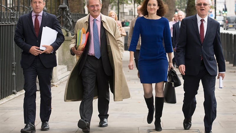 (left to right) Marcus Fysh, Owen Paterson, Theresa Villiers and David Davis arrive at the Royal United Services Institute (RUSI) in Whitehall, London, to discuss Brexit proposals&nbsp;
