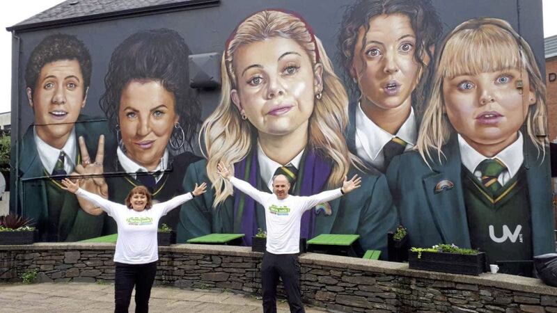 Rory Mullan and Patricia Fleming at the Derry Girls mural during the two-week walk around Northern Ireland 