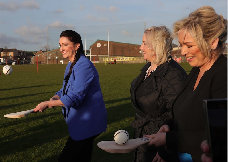 First Minister Michelle O'Neill, deputy First Minister Emma Little-Pengelly and Junior Ministers Aisling Reilly and Pam Cameron MLA during a visit to St Paul’s GAA in West Belfast.
PICTURE COLM LENAGHAN