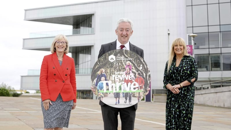 Tourism NI chief John McGrillen (centre) with broadcaster Wendy Austin (left) and Judith Owens of Titanic Belfast. Picture by Darren Kidd/Press Eye 