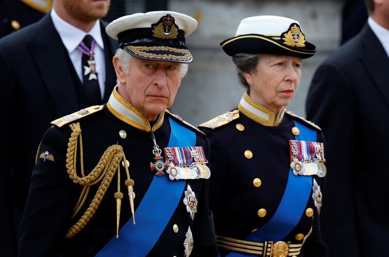 The King and the Princess Royal arriving for the late Queen’s state funeral at Westminster Abbey