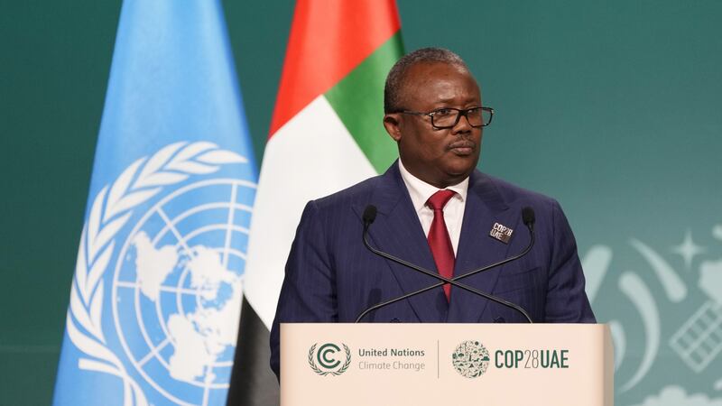 Guinea-Bissau President Umaro Sissoco Embalo speaks during a plenary session at the Cop28 climate summit in Dubai (Peter Dejong/AP)