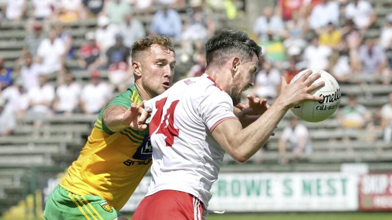 Tyrone&#39;s Mattie Donnelly carries the fight to Donegal in Sunday&#39;s Ulster semi-final. Picture Margaret McLaughlin 