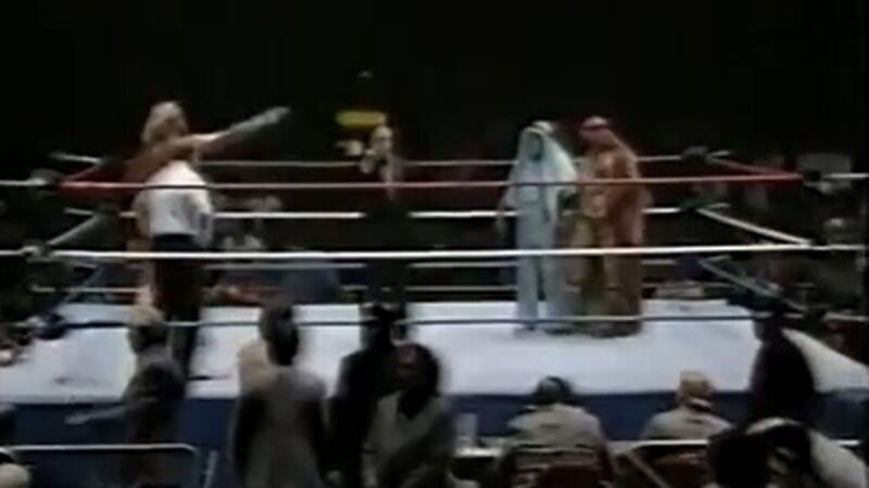 Screengrab from Iron Sheik vs Hulk Hogan 1984. 