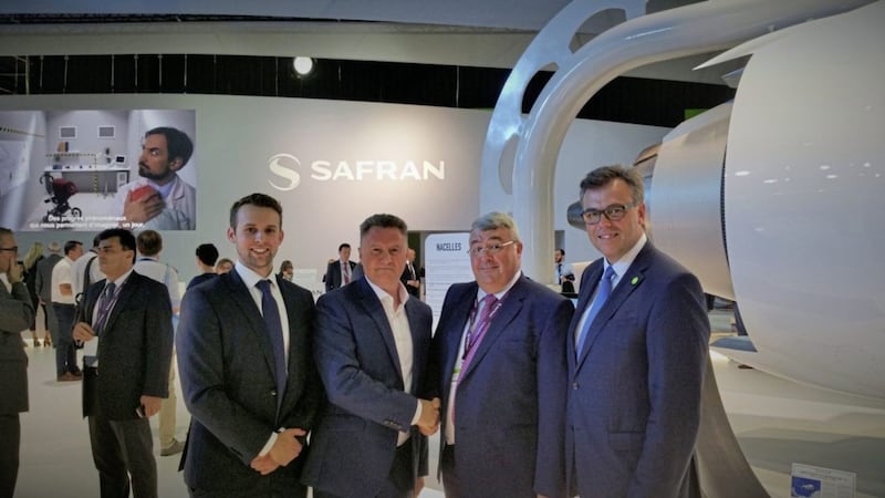 Announcing the JW Kane Precision Engineering deal with Safran are (from left) Joel Best (business development manager) and Danny Close (technical director) at JW Kane, with Richard Mallinson (Safran) and Alastair Hamilton (Invest NI) 