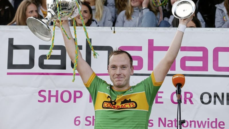 Dunloy captain Paul Shiels celebrates winning his sixth county championship Picture by Mal McCann. 