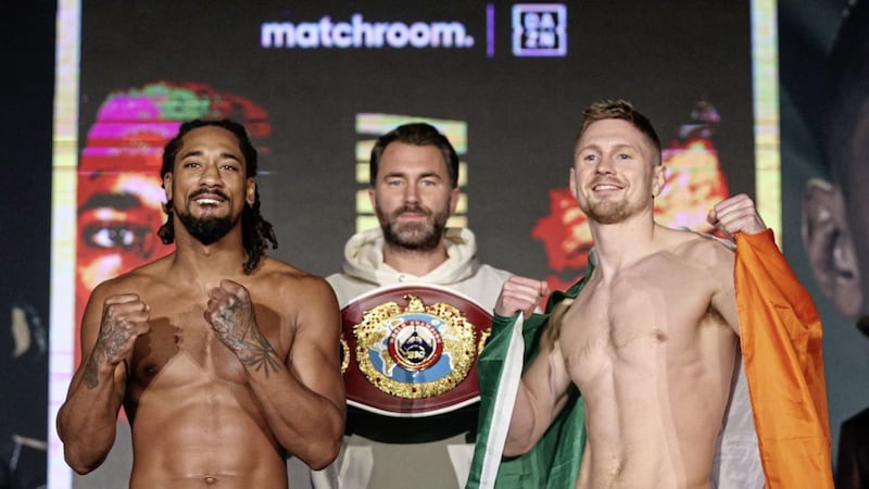 Demetrius Andrade and Jason Quigley pose after weighing in for their WBO middleweight title rumble at the SNHU Arena in Manchester, New Hampshire. Picture: Ed Mulholland/Matchroom.