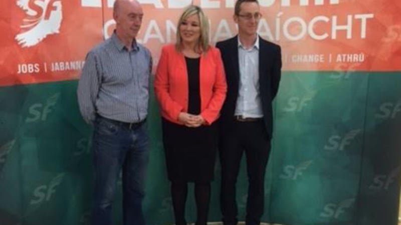 Cathal McLaughlin, left, with MLAs Michelle O'Neill and Philip McGuigan&nbsp;