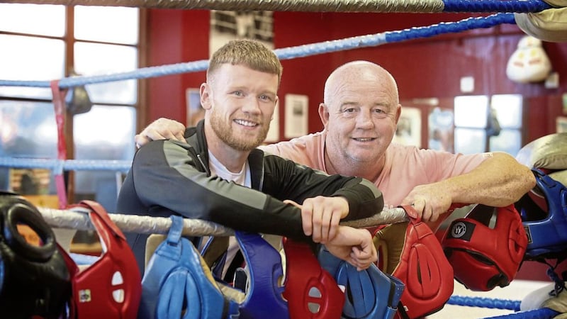 James Tennyson and his coach at the Belfast Kronk gym Tony Dunlop. Picture by Hugh Russell. 