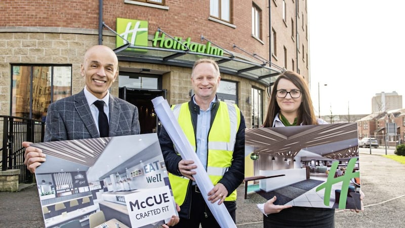 Rajesh Rana is pictured alongside Gary Purdy from McCue Crafted Fit and and Nicolle Loughran from Holiday Inn, Belfast City Centre. 