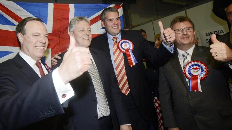 DUP MPs  Nigel Dodds , Gavin Robinson and Jeffrey Donaldson alongside leader Peter Robinson. 