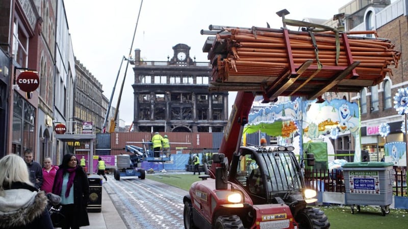 Work taking place to let people pass safely by the Primark building. Picture by Matt Bohill