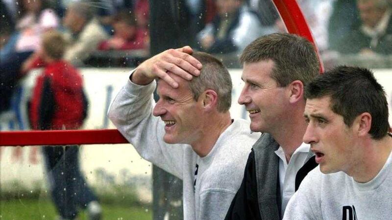 Stephen Kenny during his managerial days with Derry City, pictured alongside Paul Hegarty and Declan Devine 