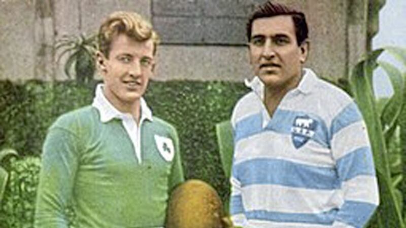 John Hewitt pictured in the green of Ireland with Argentina's Miguel Angel Sarand&oacute;n during a tour of South America in 1952