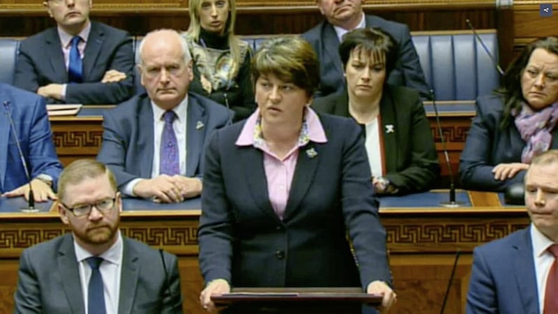 Former First Minister Arlene Foster pays tribute to Martin McGuinness during a special sitting of the Assembly. Picture from Press Association 