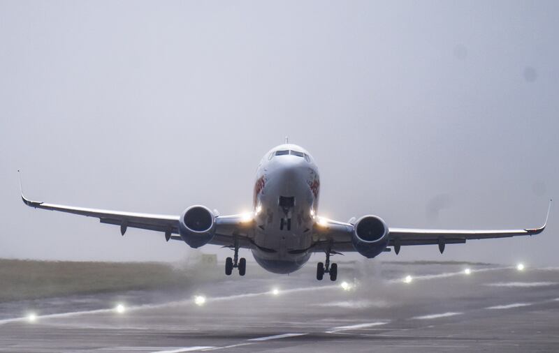 An aircraft taking off from Leeds Bradford Airport during Storm Pia