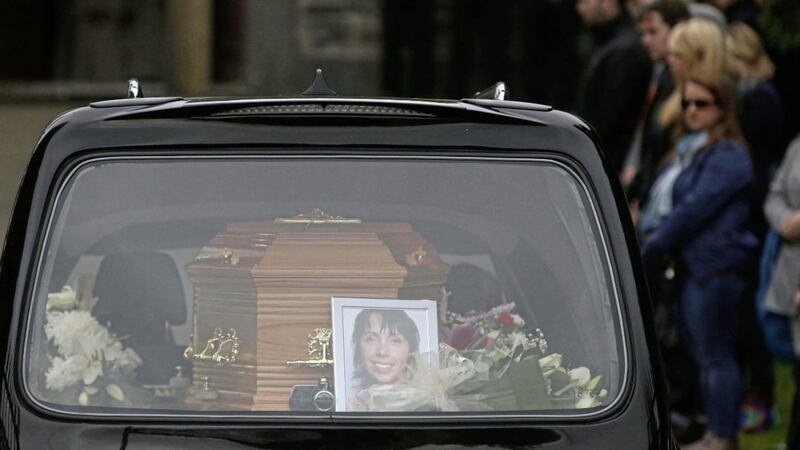 The hearse carrying the coffin of Clodagh Hawe arrives at Saint Mary&#39;s Church in Castlerahan, Co Cavan 