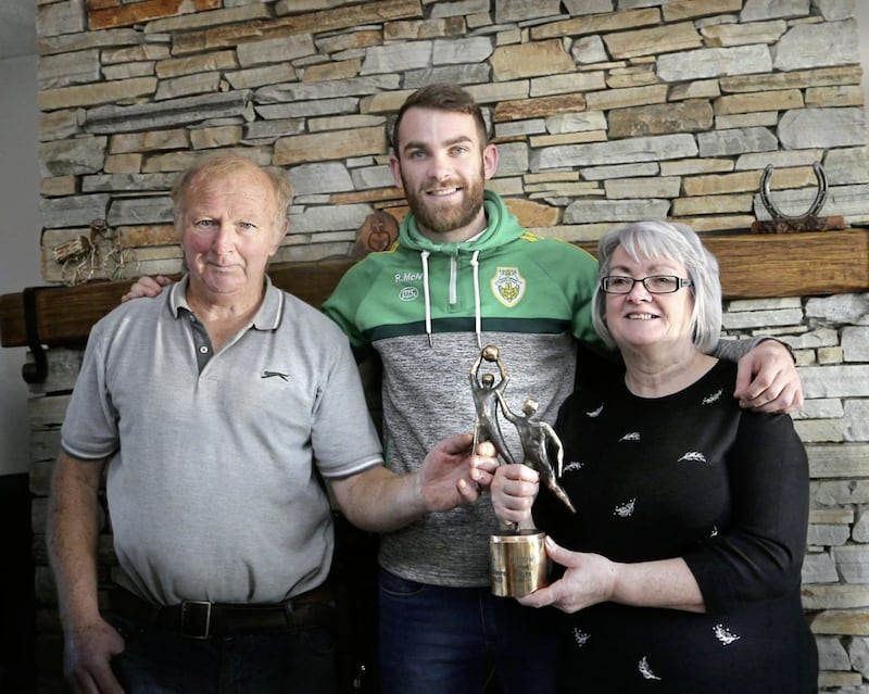 Ronan McNamee pictured with his proud parents, Johnny and Anne, holding the Allstar award he won three weeks ago. Picture by Margaret McLaughlin 