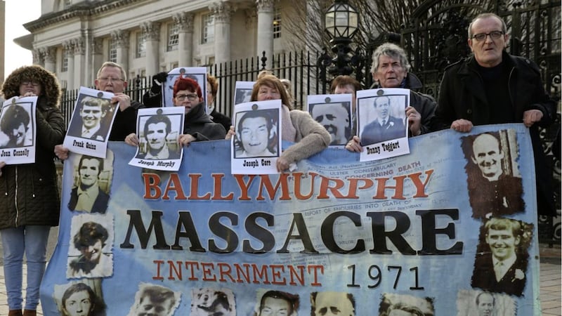 Relatives of victims of the Ballymurphy Massacre outside the High Court in Belfast. Picture by Hugh Russell. 