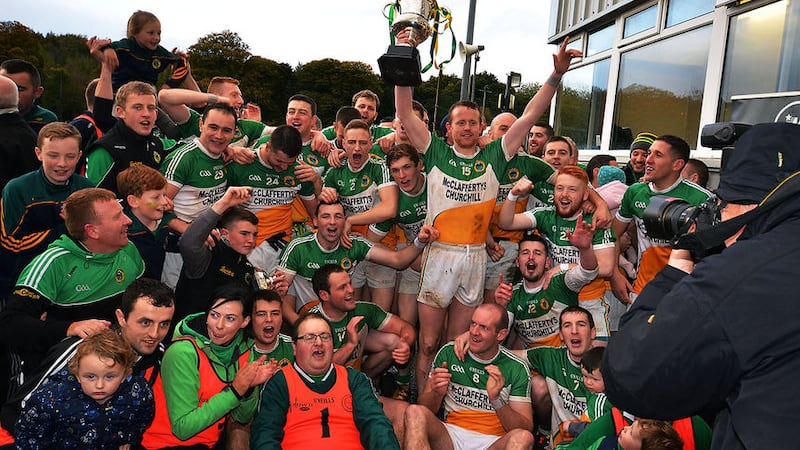 Glenswilly celebrate their Donegal championship triumph on Sunday. Picture: Michael O&rsquo;Donnell<br />&nbsp;