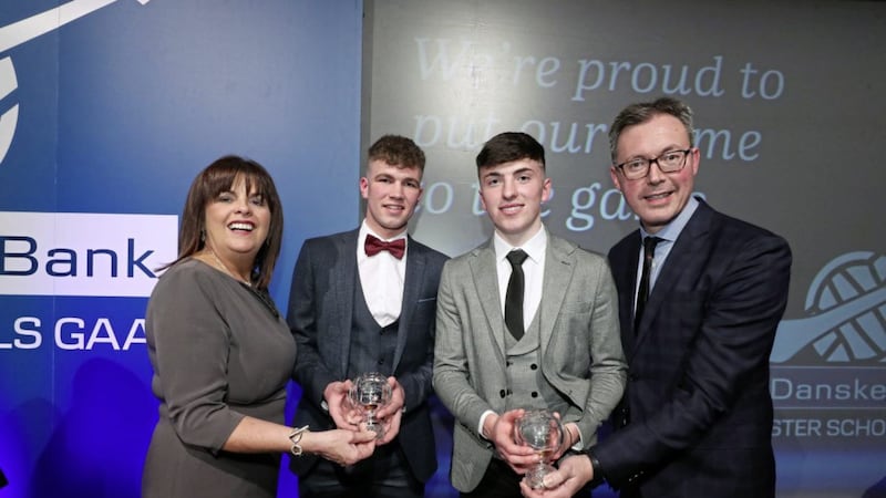 Michael Conroy of St Patrick&rsquo;s Armagh and Conall Devlin of St Patrick&rsquo;s Academy, Dungannon receiving their 2019 Football and Hurler Danske Bank/ Irish News Ulster Schools Player of the Year Awards from Oonagh Murtagh (Danske Bank) and John Brolly (The Irish News) 
