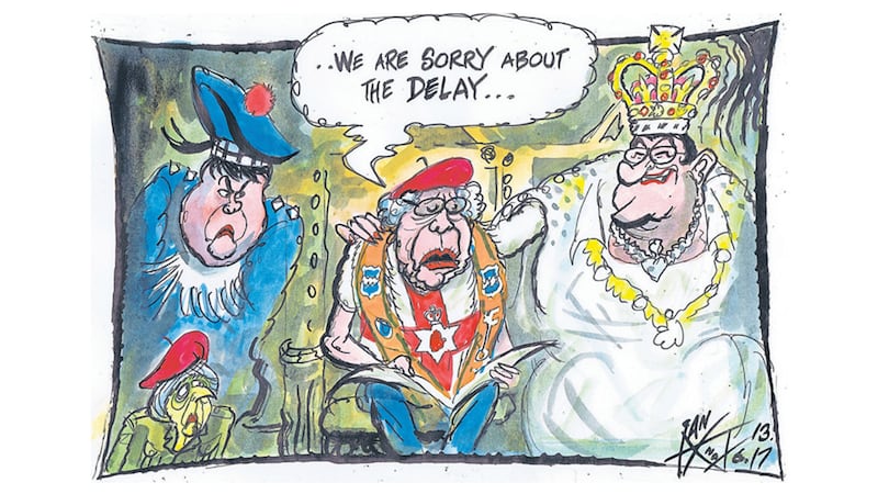 Ian Knox cartoon 13/6/17: The torrid love affair between the DUP and the Tories plus the temperamental nature of goatskin causes delay to the Queen's speech&nbsp;
