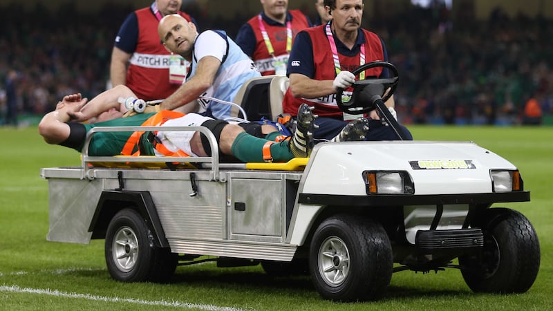 Paul O'Connell is driven from the Millennium Stadium pitch after suffering an injury during Ireland's Rugby World Cup match with France <br />&nbsp;