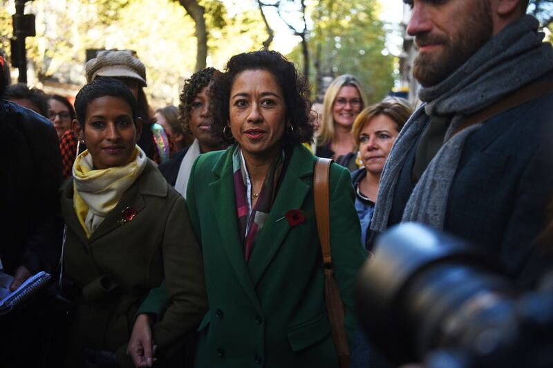 Samira Ahmed, centre, and Naga Munchetty, centre left, arrive at the Central London Employment Tribunal 