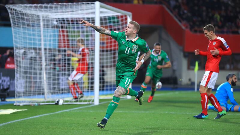 Republic of Ireland's James McClean celebrates scoring his side's first goal of the game during the 2018 FIFA World Cup Qualifying, Group D match at the Ernst-Happel-Stadion, Vienna. &nbsp;
