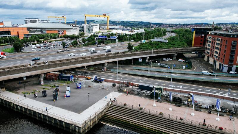 Work being carried out on a section of the Belfast Tidal Flood Alleviation Scheme under the M3 Lagan Bridge.